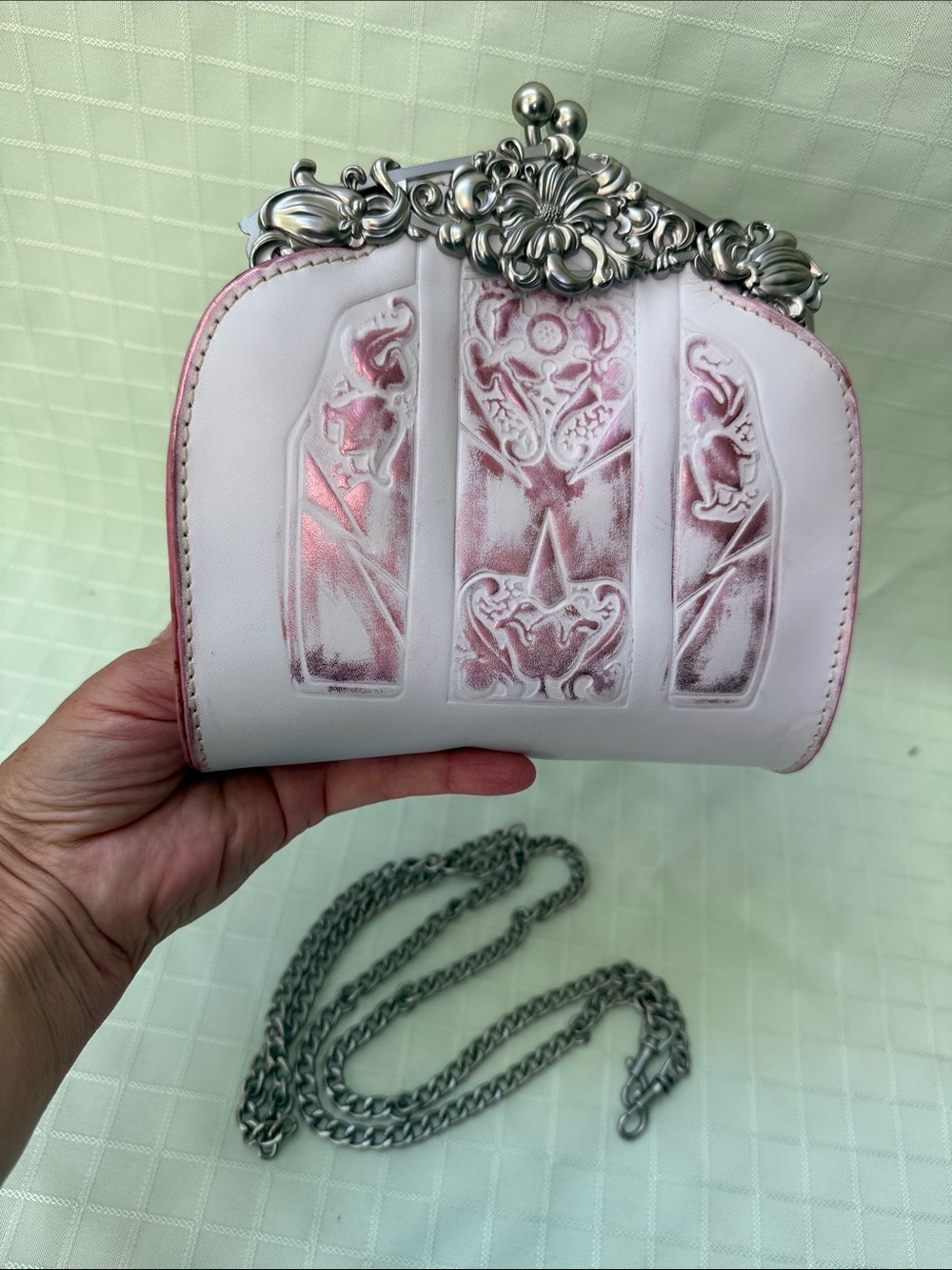 New Patricia Nash Super Light Pink with Metallic-Trim Leather Crossbody Clutch - Picture 11 of 11